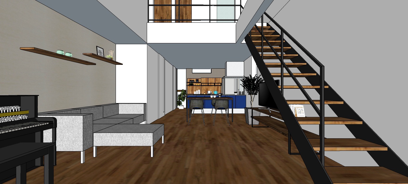 バルコニーの木目がアクセント 南北の採光を活かした ハコイエ 大阪府大東市幸町 タイコーアーキテクト 南面リビングの吹き抜け 部分に階段を配置 手すり部分をスチールにすることで 空間にさらなる広がりを持たせるとともに ２階廊下まで続く手すりは ２階にいる